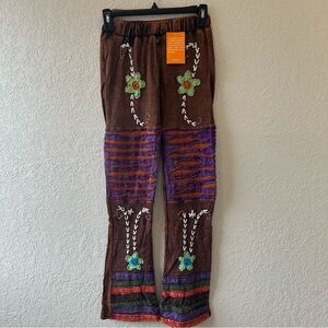 Kantha Bohemian Brown Flare Pants with Embroidered Accents